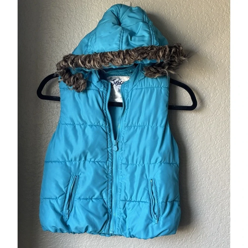 Justice Girl's Puffer Jacket‎ Hooded Vest Size 8 Turquoise Blue